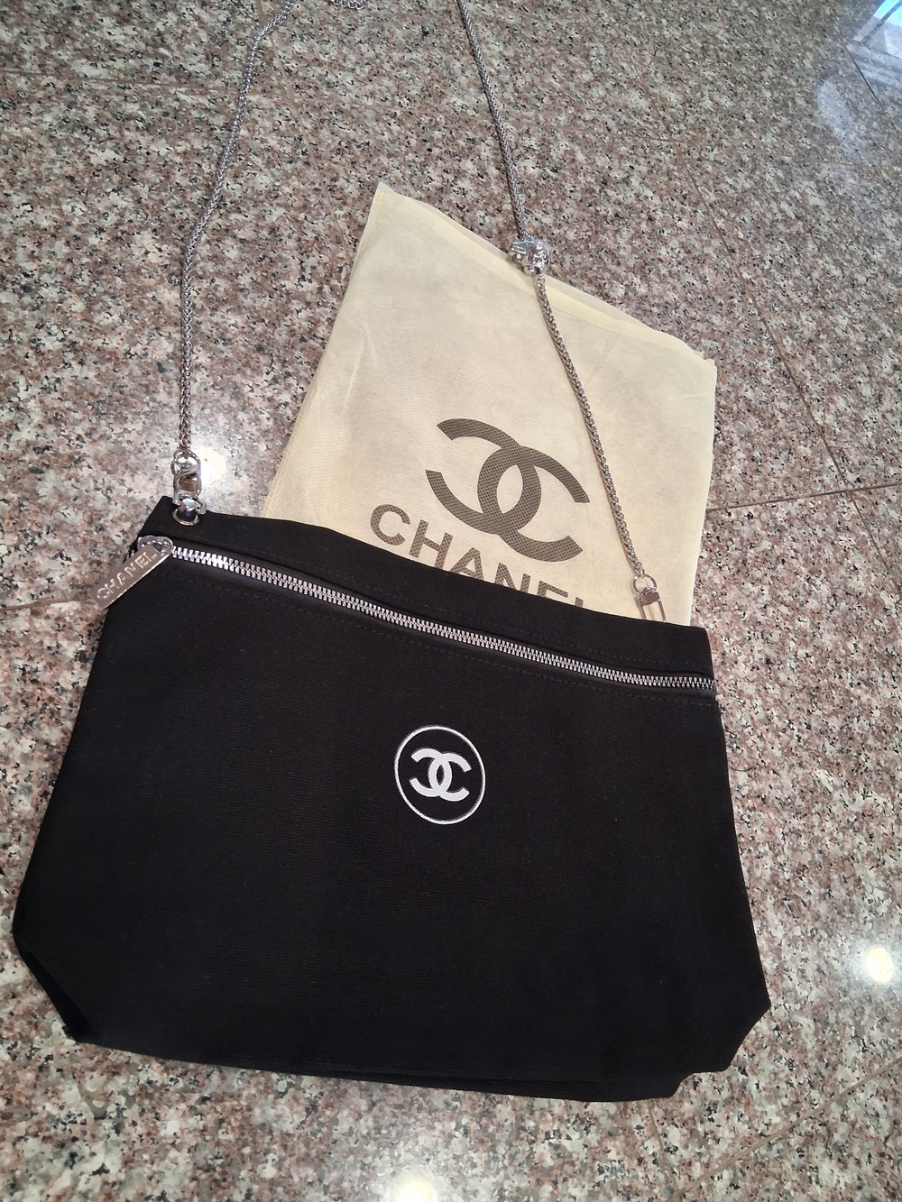 CHANEL Black Canvas Crossbody Bag with Silver Chain Strap